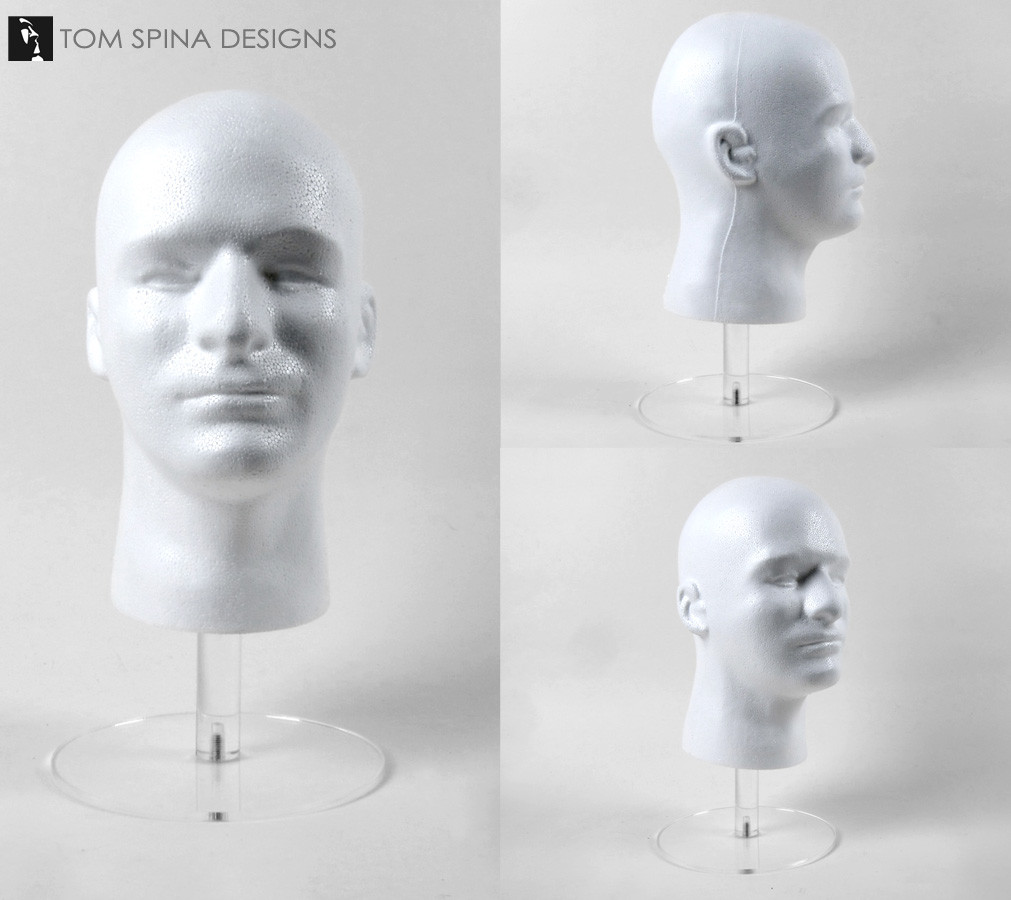 white foam male mannequin head with stand