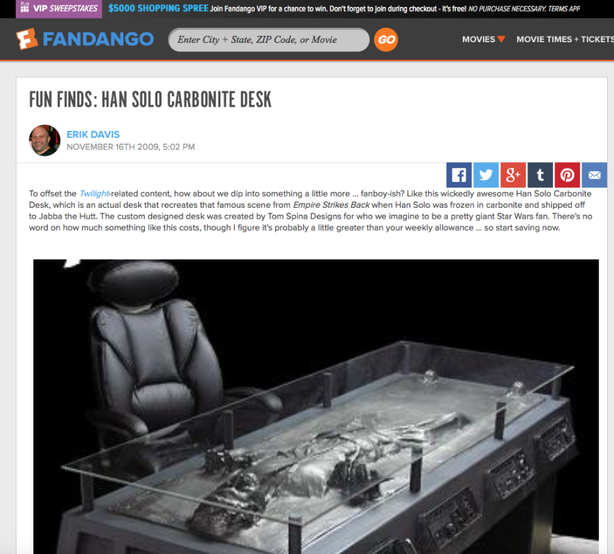 custom Han Solo in Carbonite desk on fandango