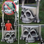Skull table and Skull furniture carved foam theme prop and display for haunt at Six Flags