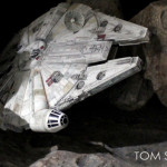 Millennium Falcon repainted Hasbro toy/model in asteroid field diorama