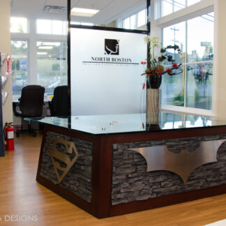 custom superhero desk for themed office reception area