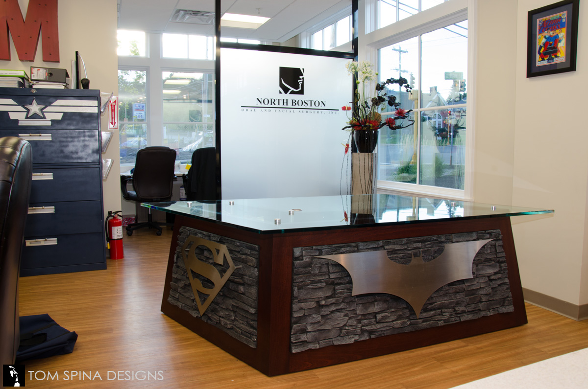 custom superhero desk for themed office reception area