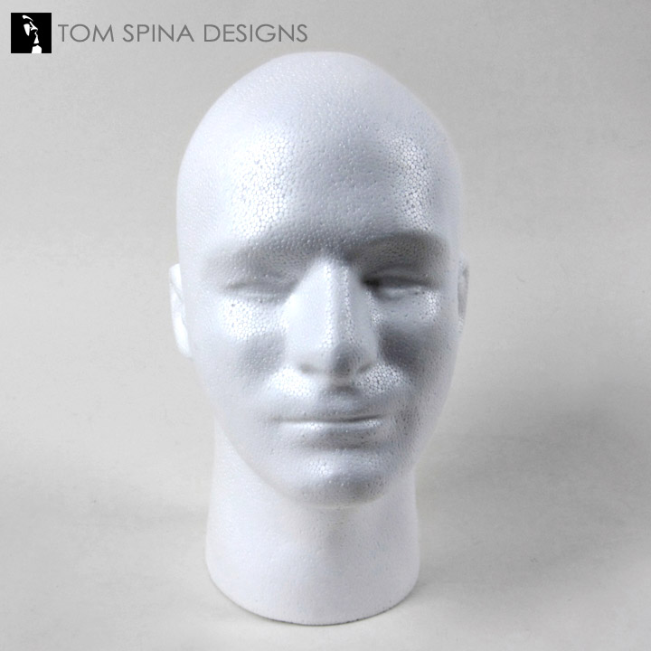 Basic Male Styrofoam Head Display White measuring 12Tall. Simple