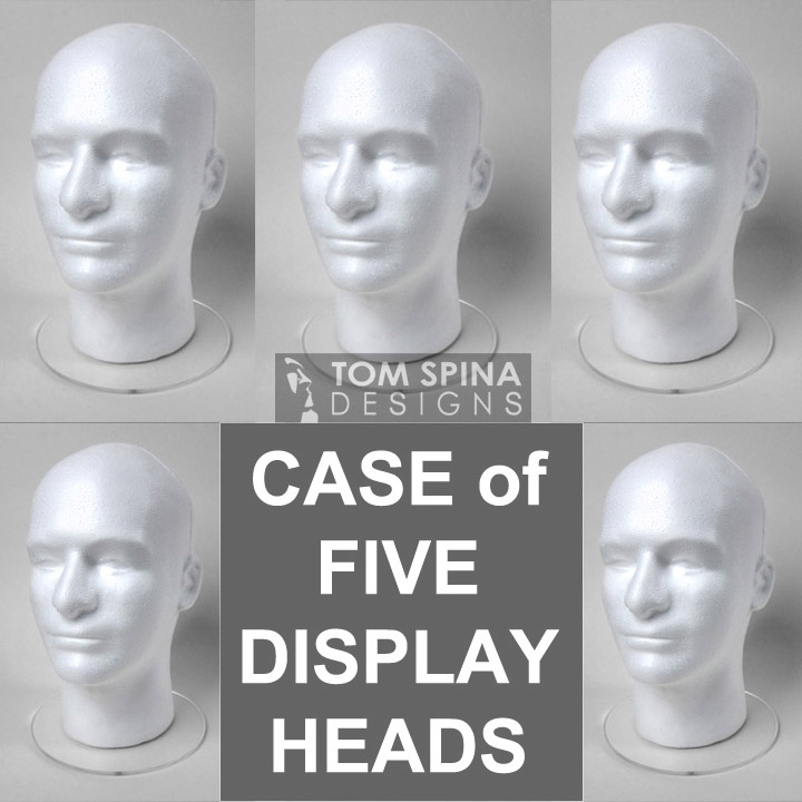 Case of 5 White Styrofoam Male Display Heads - Tom Spina Designs