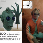 Greedo (or a Rodian ) alien costume with hands and rubber mask.