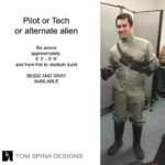 Simple pilot or technician costume, available for rental in beige or gray