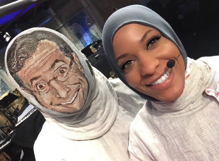 Ibtihaj Muhammad and Stephen Colbert fencing