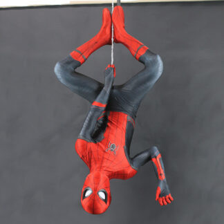 Spider-man costume display on custom mannequin that hangs from webbing